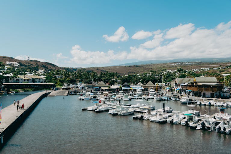 A harbor with boats docked in it and a mountain in the background